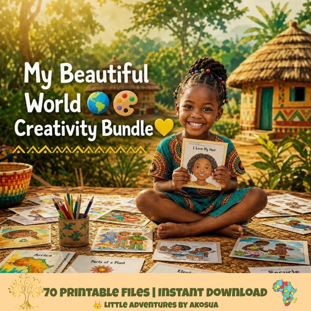 My Beautiful World Creativity Bundle — African Colouring Pages, Story Starters & Cultural Activity Pack for Kids | Printable Instant Downloaduct
