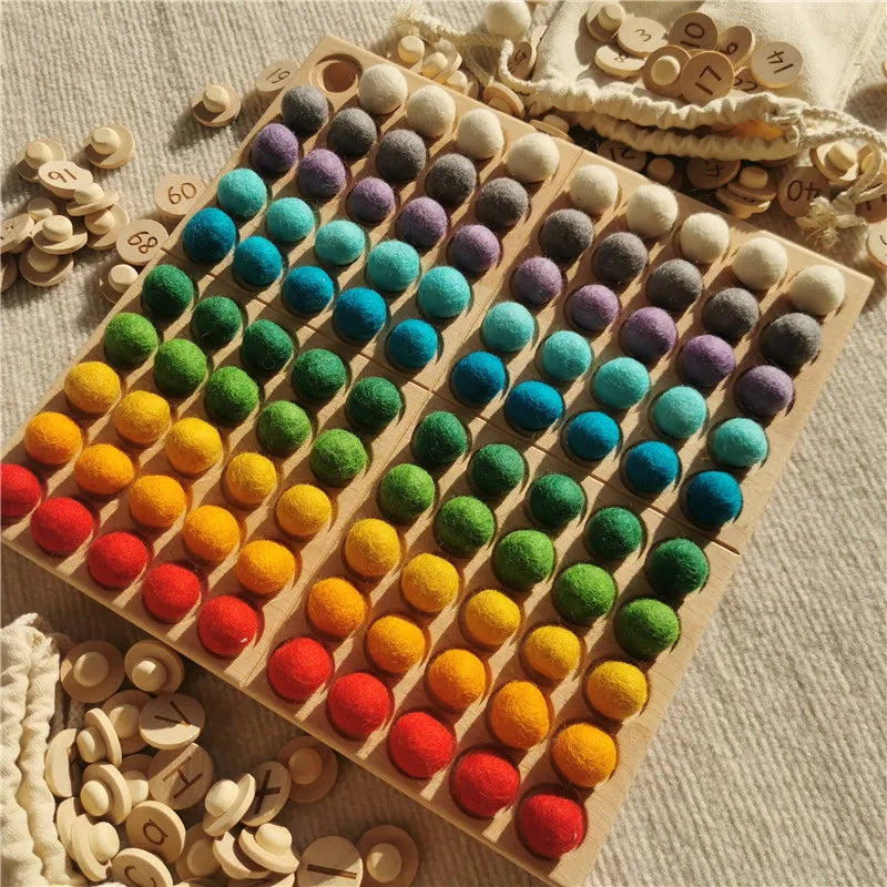 Montessori Sensory Counting Board with Felt Balls | Beech Wood Tray for Numbers, Alphabets & Creative Play