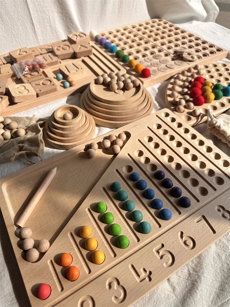 Montessori Sensory Counting Board with Felt Balls | Beech Wood Tray for Numbers, Alphabets & Creative Play