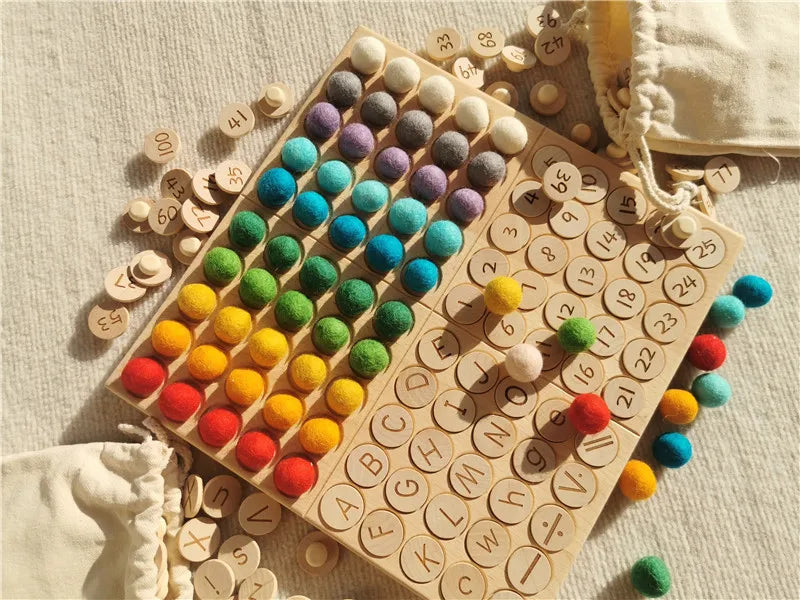 Montessori Sensory Counting Board with Felt Balls | Beech Wood Tray for Numbers, Alphabets & Creative Play