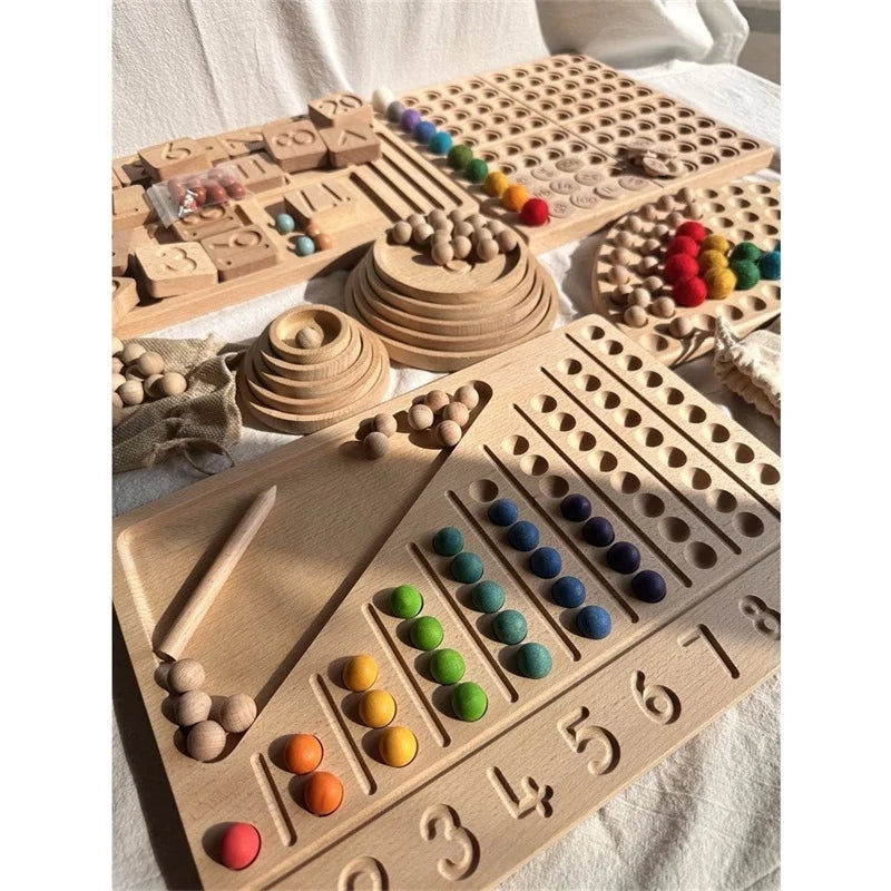 Montessori Sensory Counting Board with Felt Balls | Beech Wood Tray for Numbers, Alphabets & Creative Play