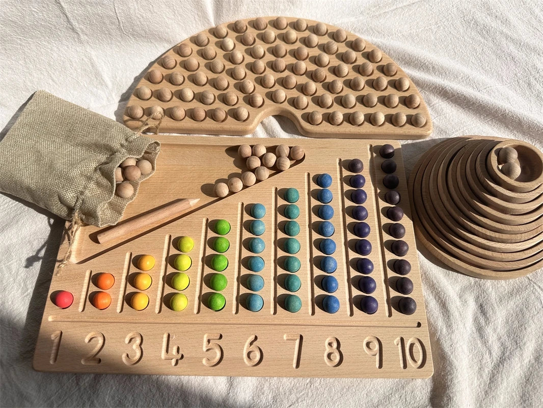 Montessori Sensory Counting Board with Felt Balls | Beech Wood Tray for Numbers, Alphabets & Creative Play