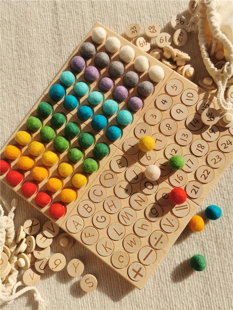 Montessori Sensory Counting Board with Felt Balls | Beech Wood Tray for Numbers, Alphabets & Creative Play